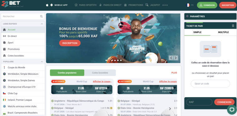 22bet Sénégal, page d'accueil paris sportifs